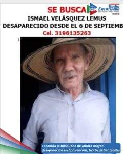 Ismael Velásquez Lemus, adulto mayor de 72 años desaparecido en Convención, Norte de  Santander / Foto: Redes Sociales 