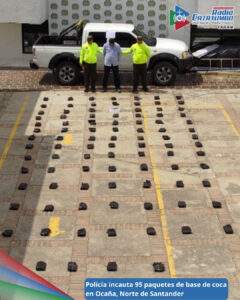 La Policía Nacional logro capturar en flagrancia a un hombre que transportaba 95 paquetes de base de coca en avenida Circunvalar de Ocaña, Norte de Santander / Foto: Suministrada 