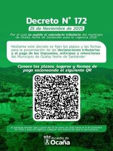 La Administración Municipal expidió el Decreto N.° 172, mediante el cual se establece el calendario tributario que estará vigente durante todo el año 2026 en el municipio de Ocaña, Norte de Sanatander / Foto: Alcaldía de Ocaña