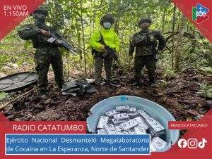 El Ejército Nacional logró ubicar y desmantelar un laboratorio para el procesamiento de estupefacientes valorado en más de 3.400 millones de pesos perteneciente a la Autodefensas Conquistadoras de la Sierra Nevada (ACSN), en vereda Rumbón del municipio de La Esperanza, Norte de Santander / Foto: FUERZAS MILITARES DE COLOMBIA 