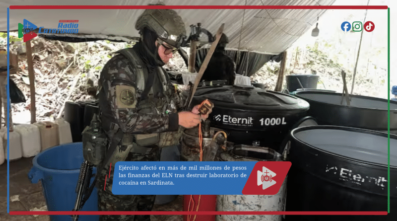 Ejército afectó en más de mil millones de pesos las finanzas del ELN tras destruir laboratorio de cocaína en Sardinata. Ejército afectó en más de mil millones de pesos las finanzas del ELN tras destruir laboratorio de cocaína en Sardinata.