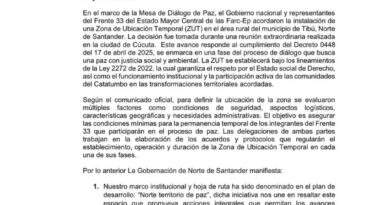 Comunicado oficial publicado en la red social X sobre la creación de una subzona de ubicación temporal para las disidencias de las FARC / Foto: Gobierno Nacional
