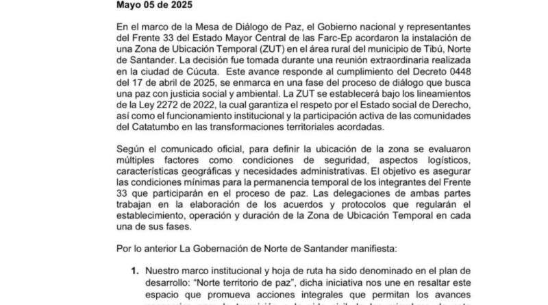 Comunicado oficial publicado en la red social X sobre la creación de una subzona de ubicación temporal para las disidencias de las FARC / Foto: Gobierno Nacional
