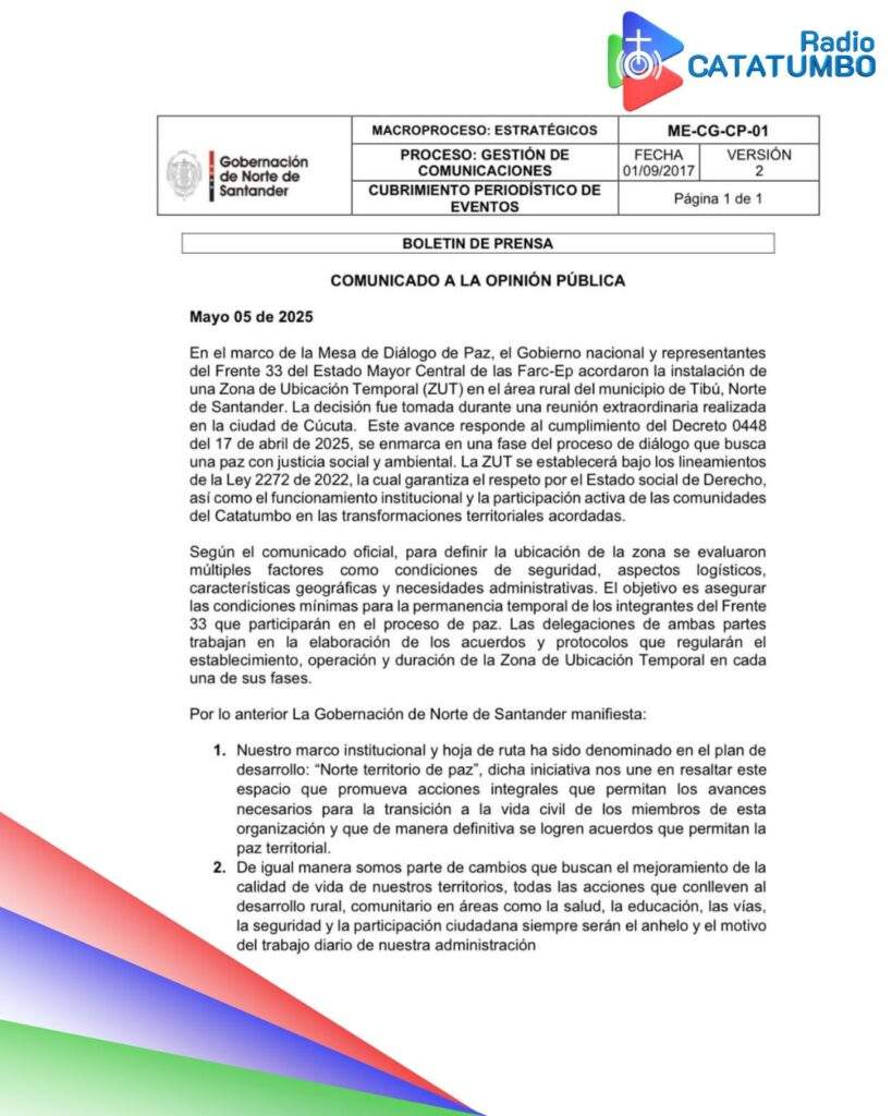 Comunicado oficial publicado en la red social X sobre la creación de una subzona de ubicación temporal para las disidencias de las FARC / Foto: Gobierno Nacional