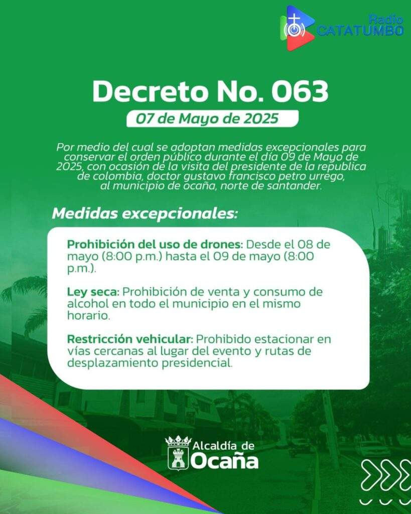 Decreto No. 063 del 7 de mayo de 2025, emitido por la Alcaldía de Ocaña / Foto: Alcaldía de Ocaña