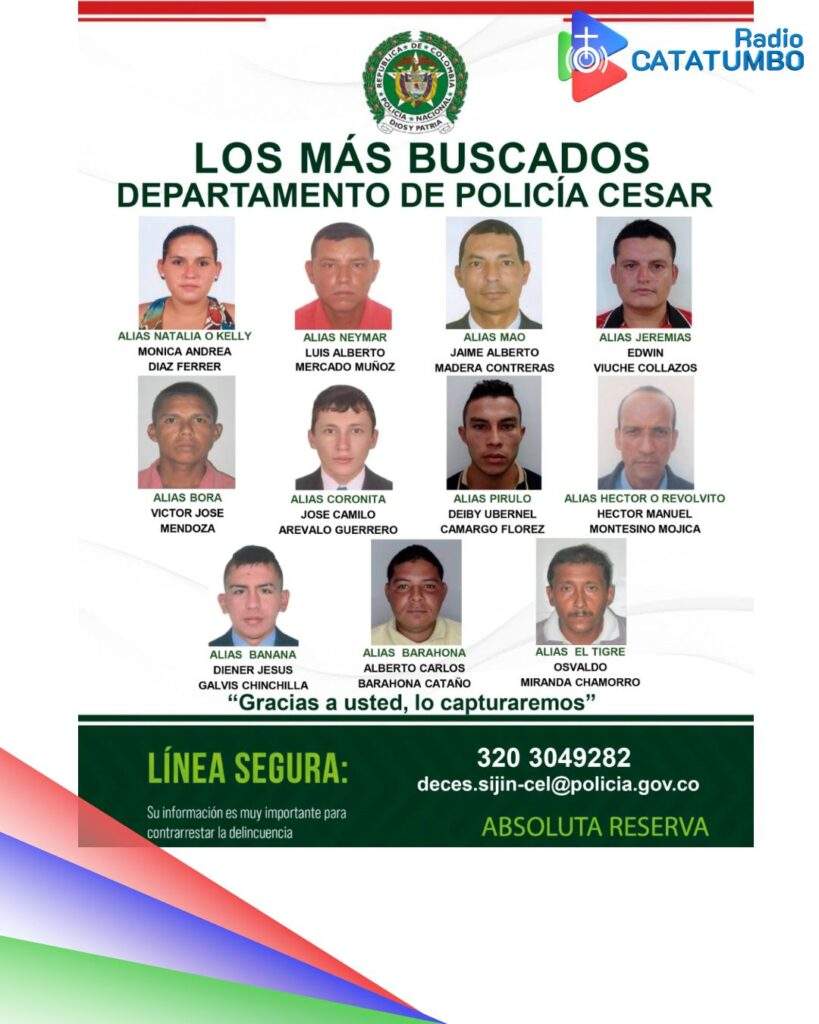 Actualización del cartel con los presuntos delincuentes más buscados del departamento del Cesar / Foto: Policía Nacional