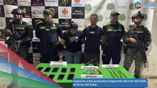 Alias Maryoli y alias Pirata presuntos integrantes del Clan del Golfo fueron capturados por el Gaula Militar Magdalena Medio y la Policía Nacional en Aguachica, Cesar / Foto: Policía Nacional